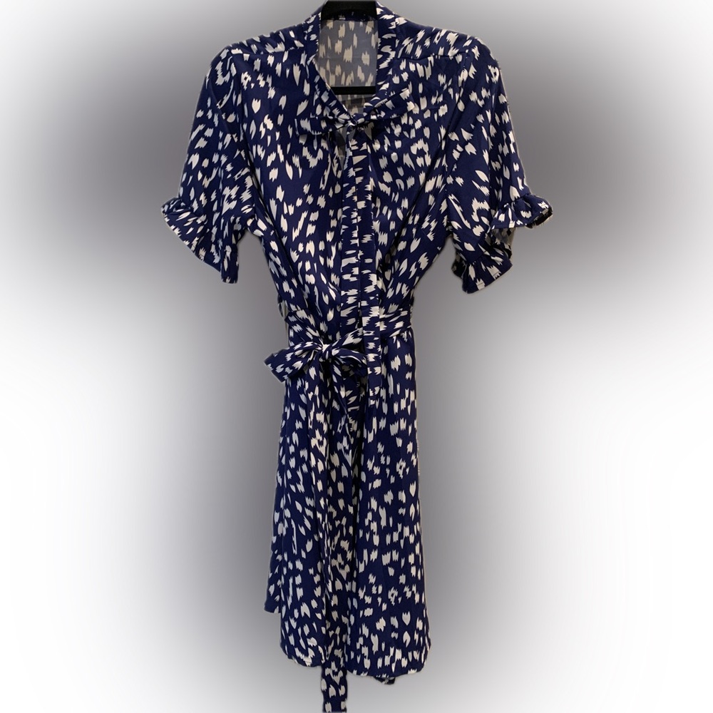Allover Print Tie Neck Belted Dress Blue & White, Size 16
